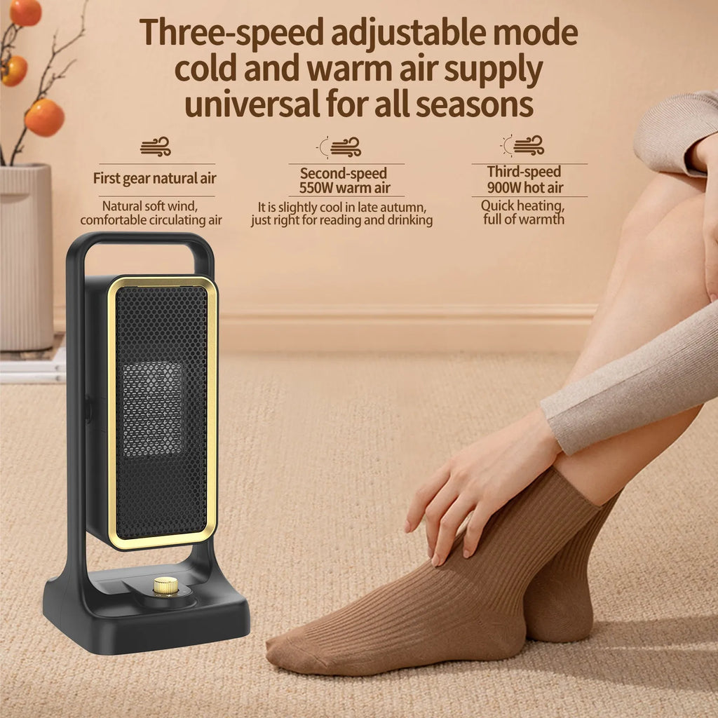 Black PTC ceramic desktop heater with control knob, measuring 14.9cm wide by 33.5cm tall.