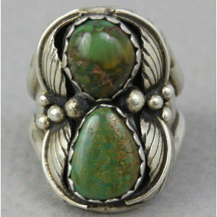 Women's geometric turquoise ring with inlaid design on alloy band, shown in size options 6-10