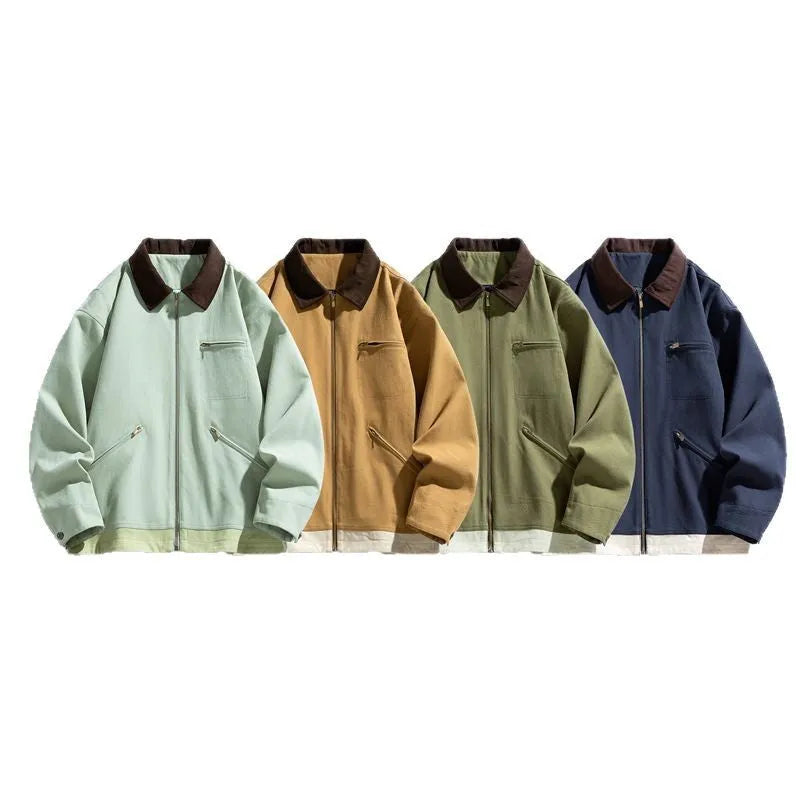 Men's loose fit casual jacket with contrast colour lapels and side seam pockets in retro workwear style
