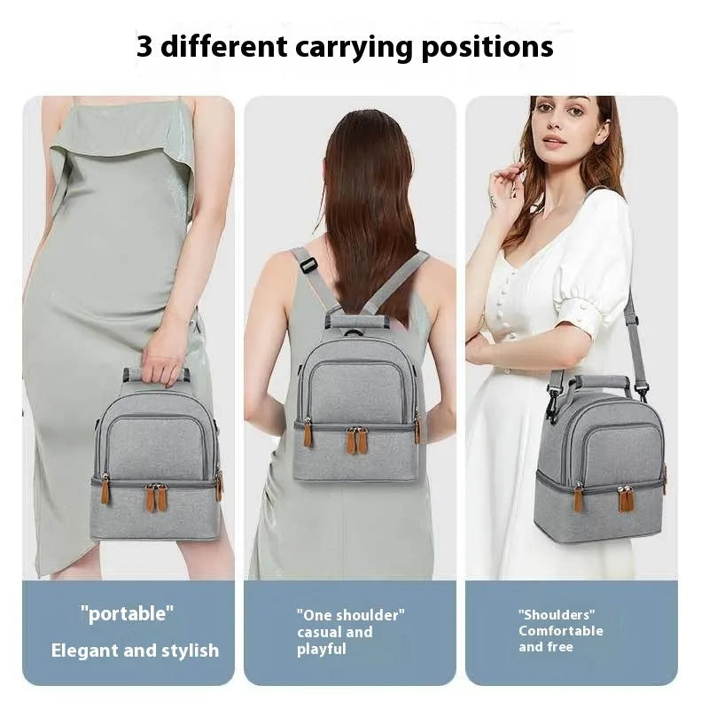 Grey women's thermal insulation backpack with adjustable curved shoulder straps