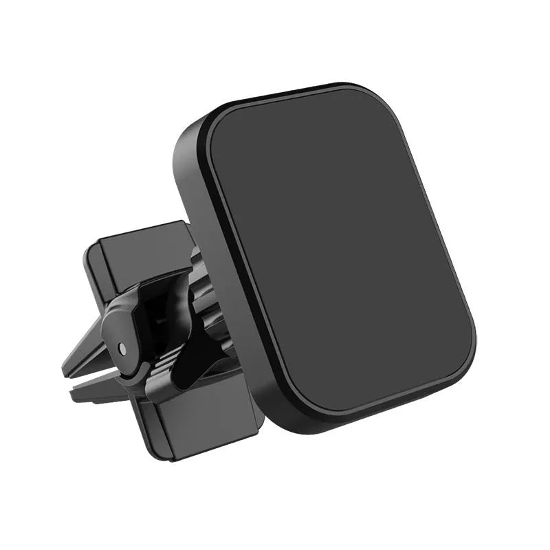 Black magnetic car phone holder attached to vehicle air vent with adjustable clamp