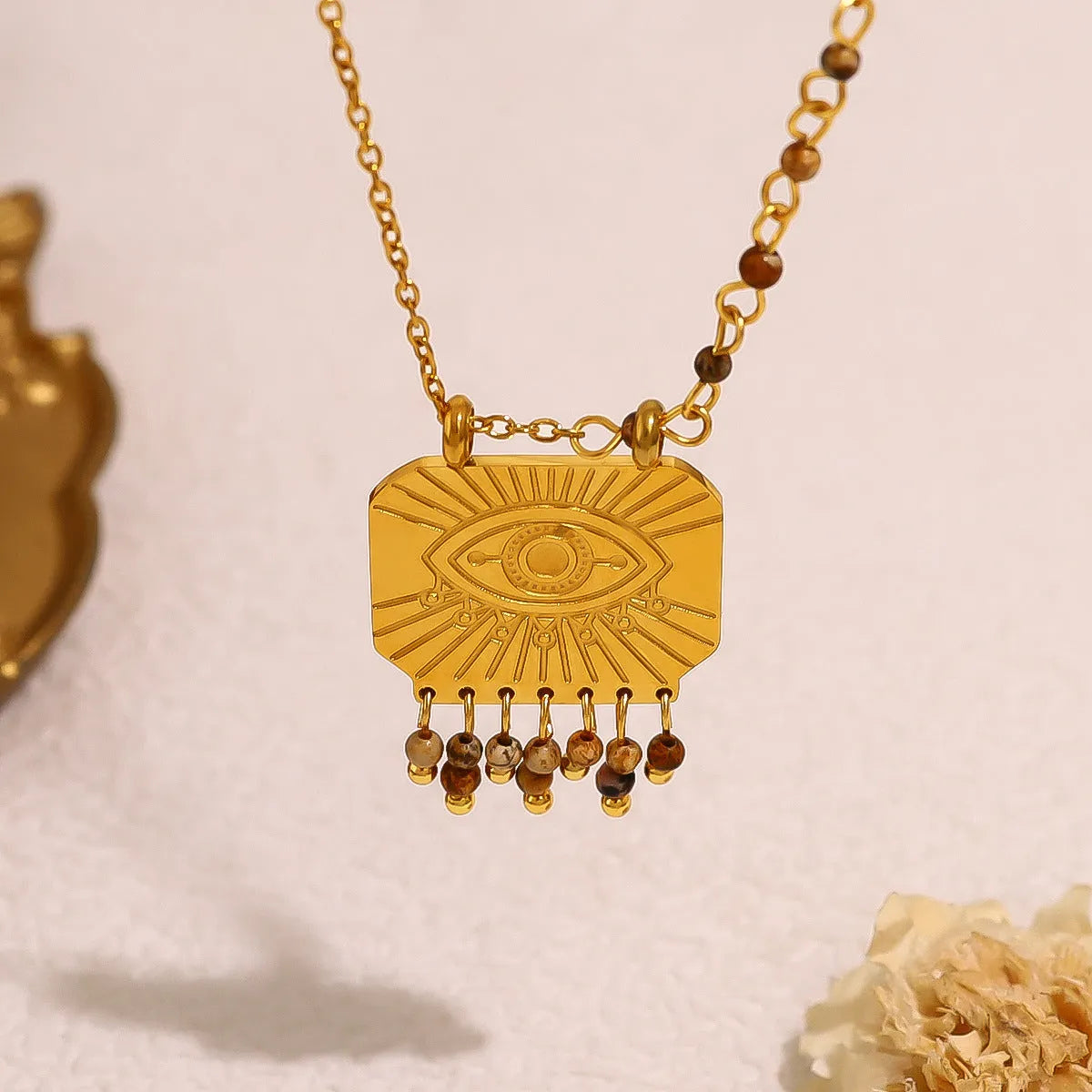 Gold titanium steel square pendant necklace with evil eye and natural stone detail, 41-50cm chain