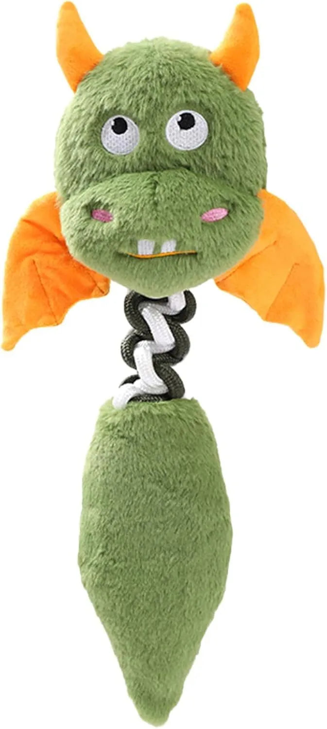 Large black, green, or red plush dog toy with cartoon design, squeaker, and rope knot.