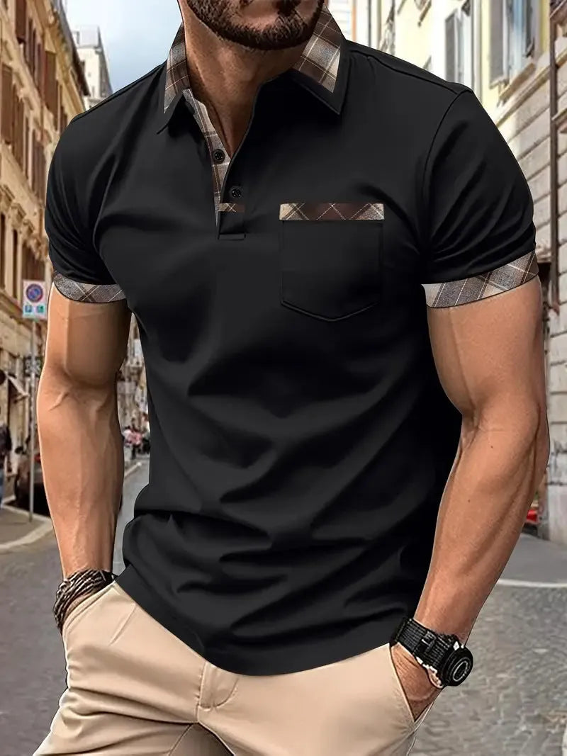 Men's plaid colourblock t-shirt with zipper decorations on polyester fabric in multiple colours