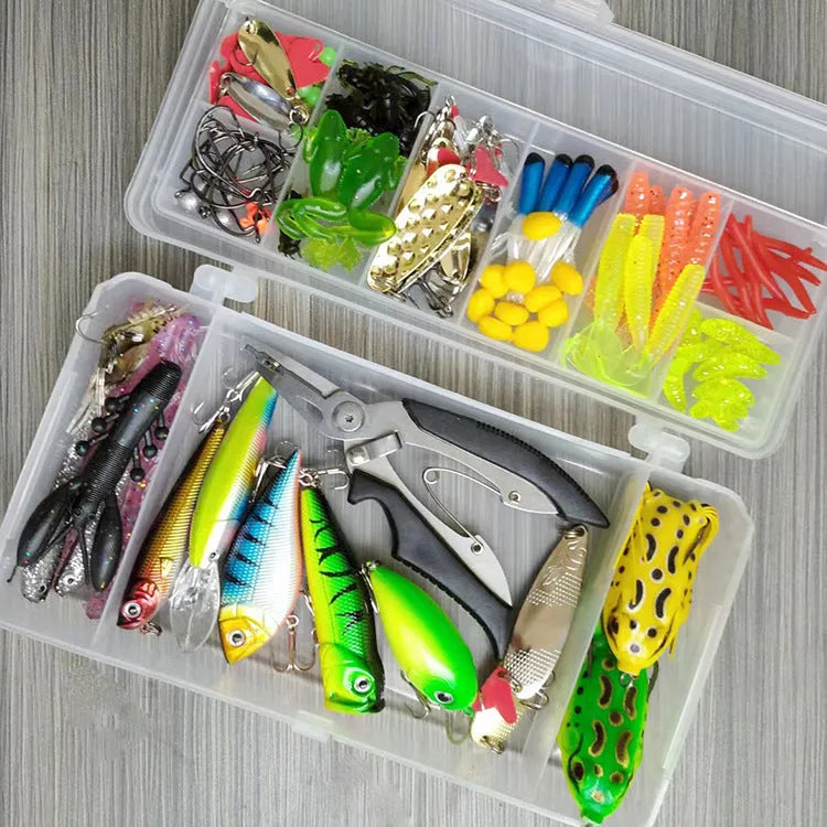 142-piece fishing lure kit with metal pliers and hard mino style lures