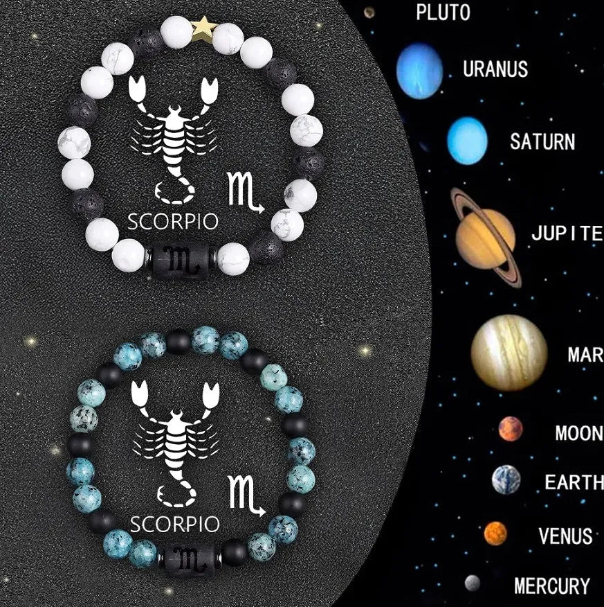 Twelve Zodiac Sign natural stone beaded bracelet set, two bracelets with star sign beads on white background