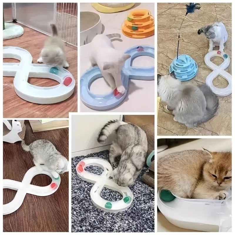 Blue and white cat turntable track ball toy with rotating stick for indoor feline play