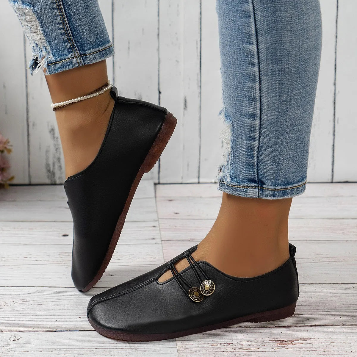 Casual square toe flats slip-on button loafers women artificial PU upper TPR sole flat heel beige