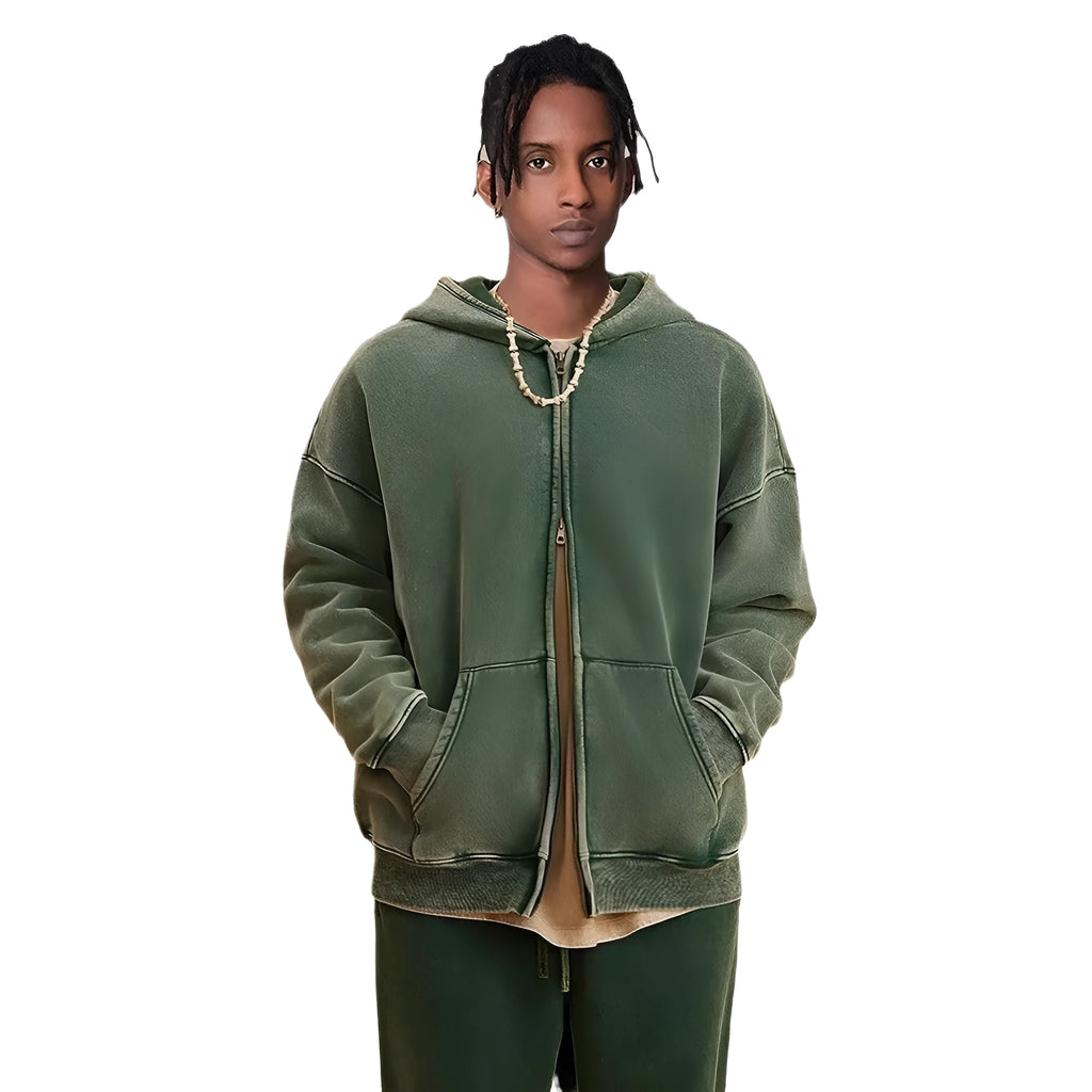 Men's washed cotton hooded cardigan with fleece lining and double zipper front.