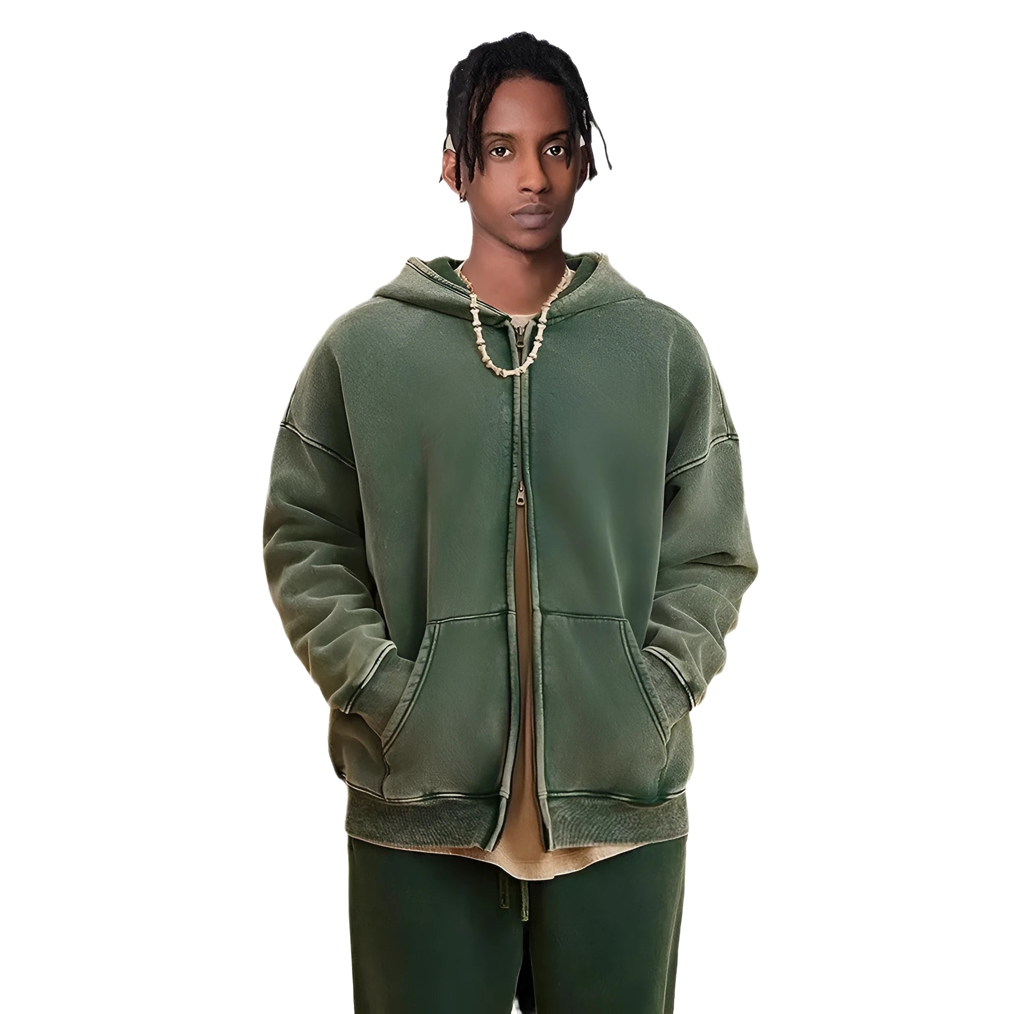 Men's washed cotton hooded cardigan with fleece lining and double zipper front.