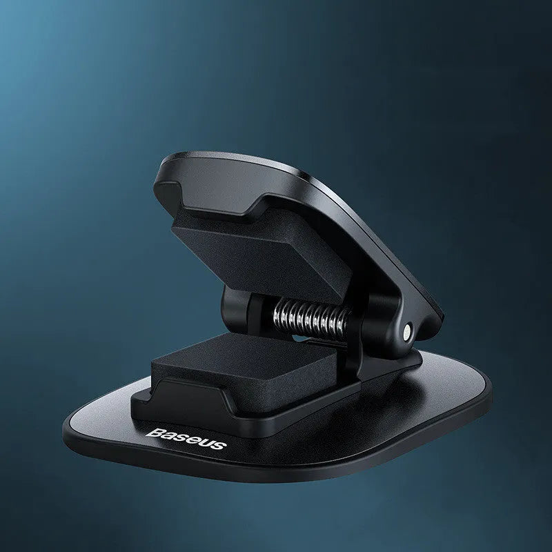 Baseus multifunction glasses frame in metal and ABS, holding glasses and documents on a desk.