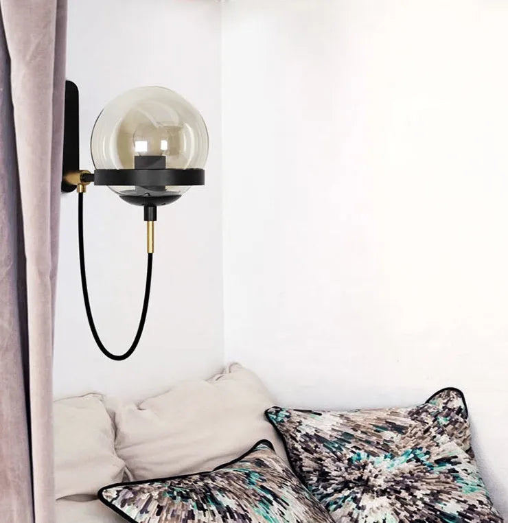 Modern retro LED wall lamp with glass shade in black colour, push button switch, Nordic postmodern style