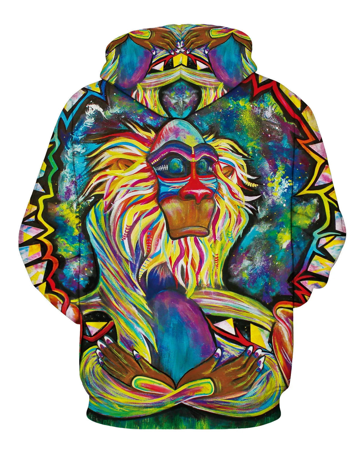 3D monkey print hoodie on a person, showing front pocket and full-colour graphic design