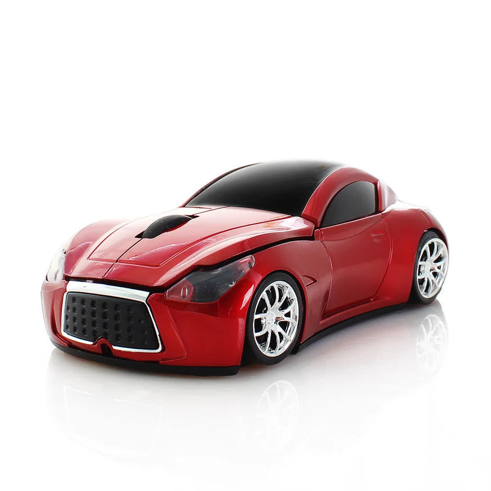 Wireless 2.4 GHz car sports mouse in red, with ABS construction and receiver storage compartment