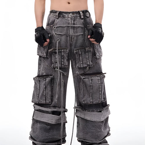 Grey distressed denim overalls with rope stitching on a hanger