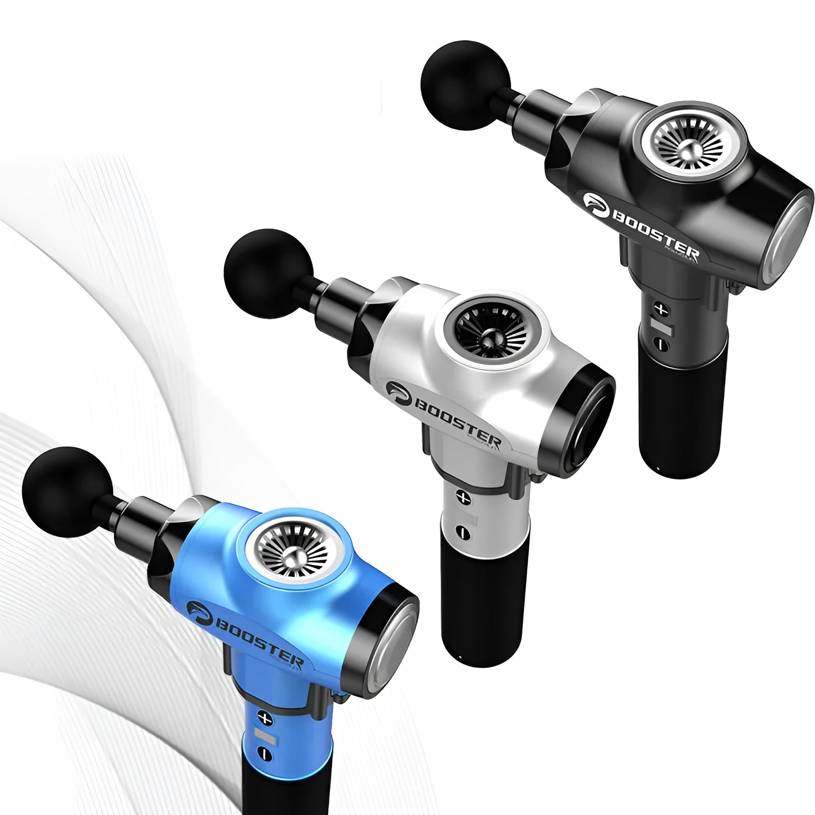Black and white rechargeable muscle massager gun with adjustable speed settings.