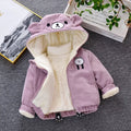 Striped corduroy baby girl coat with hood on hanger, khaki colour, side view showing ribbed texture and button closure