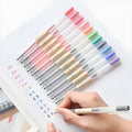 Muji 12-piece gel pen set showing fine 0.5mm tips and ink prevention mechanism