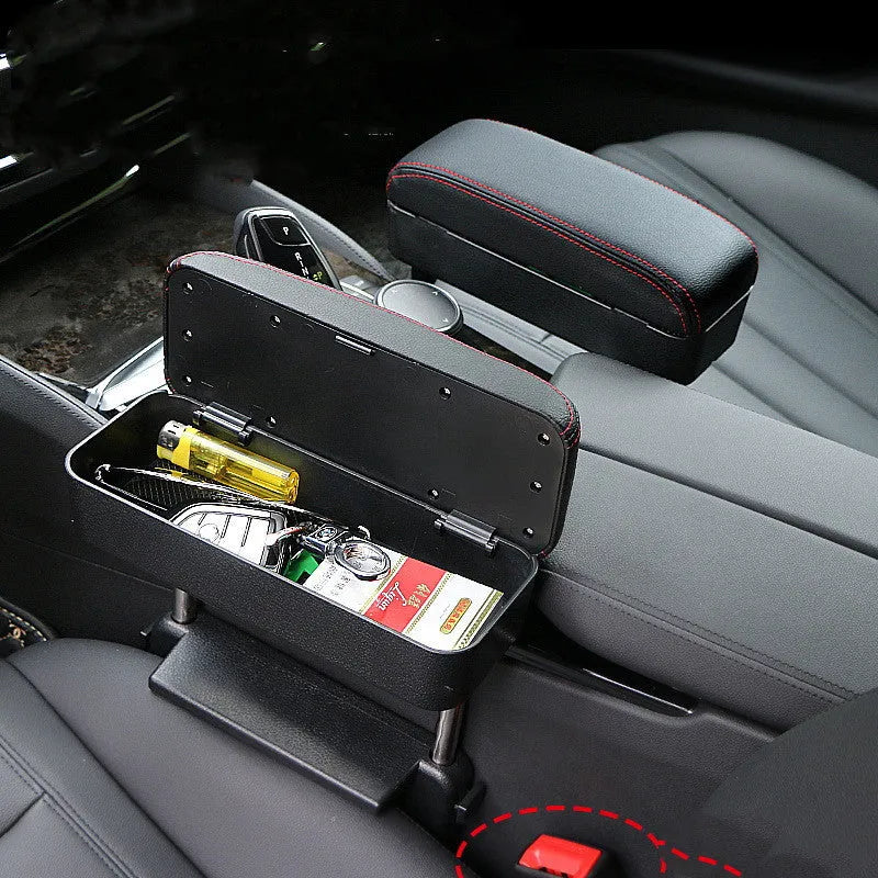 Car armrest box with wireless charging and adjustable armrest pad in black with red stitching