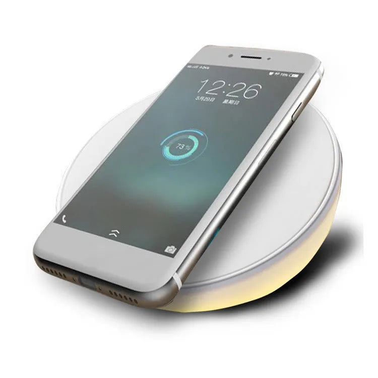 White 10W QI wireless charging pad with digital clock display and alarm functions