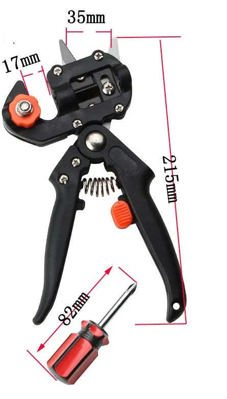 Black handheld grafting scissors with high carbon steel blade and ABS handle on a wooden surface