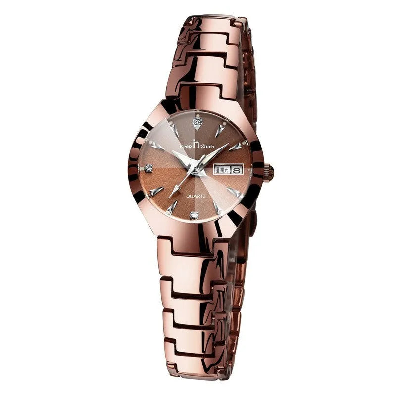 Luminous couple calendar quartz watch with 38mm round alloy case and mineral glass, available in silver black