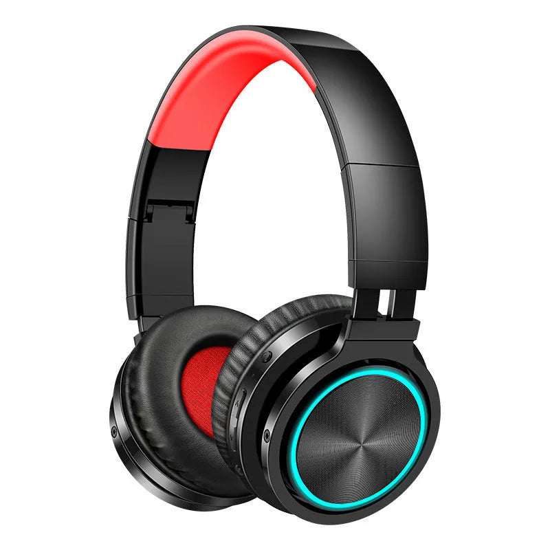 B12 wireless folding Bluetooth headset in black, shown in both open and folded positions