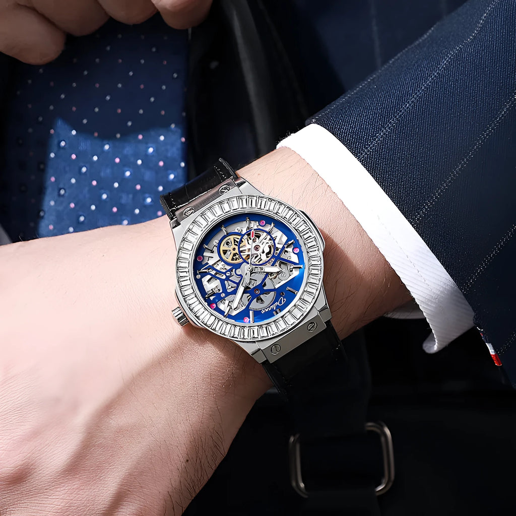 Automatic mechanical men's watch with hollow movement and diamond studding in business style