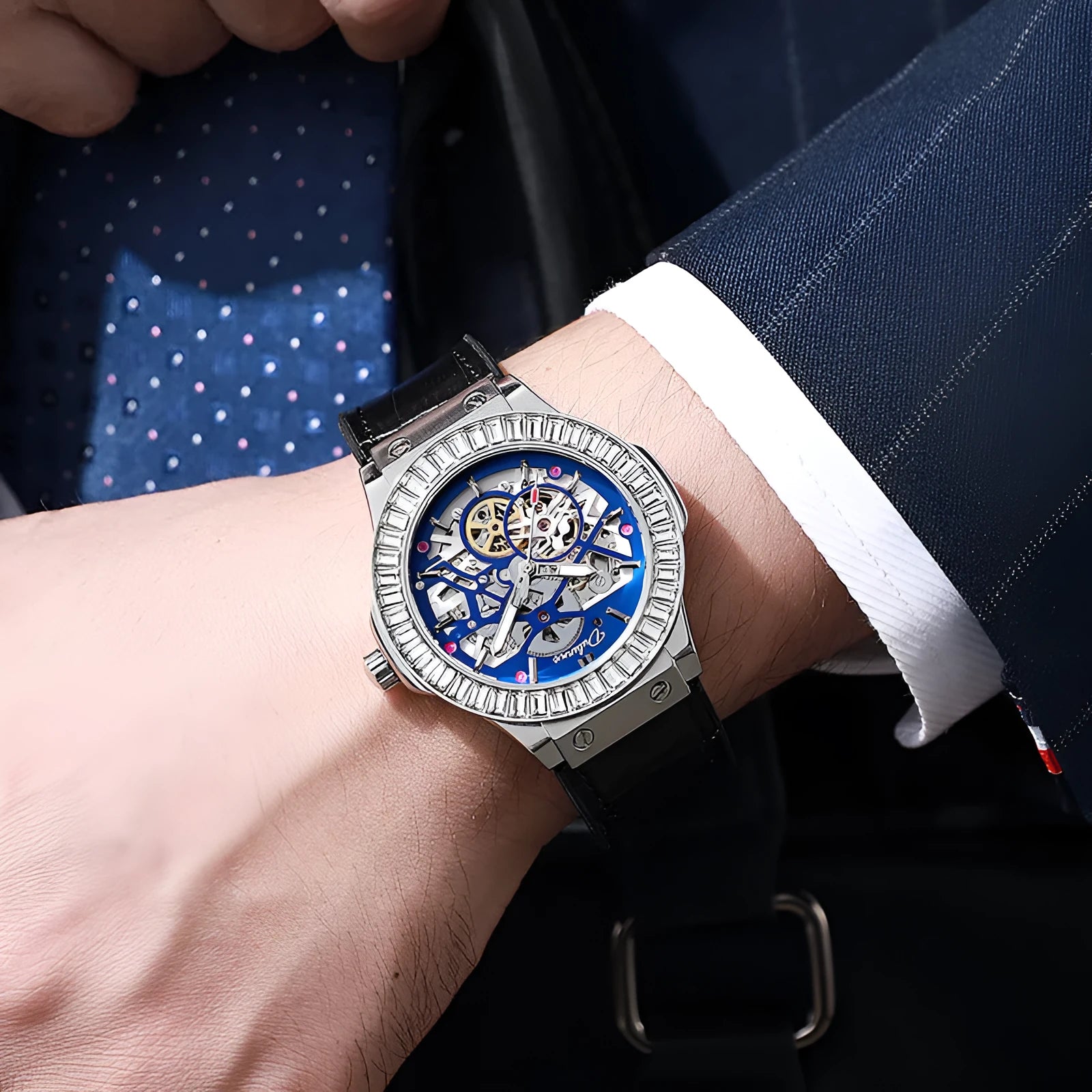 Automatic mechanical men's watch with hollow movement and diamond studding in business style