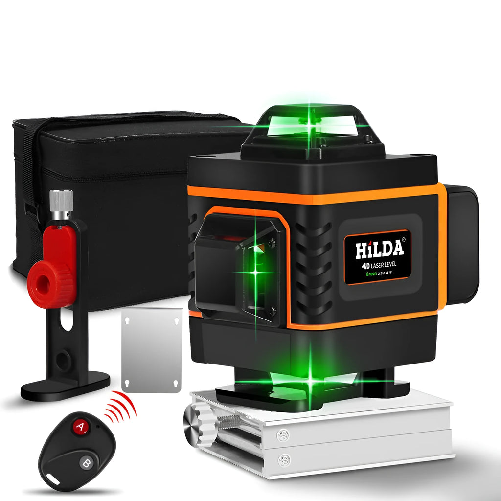 Rotating laser level projecting 16 orange laser lines with wall sticker mount and USB charging port