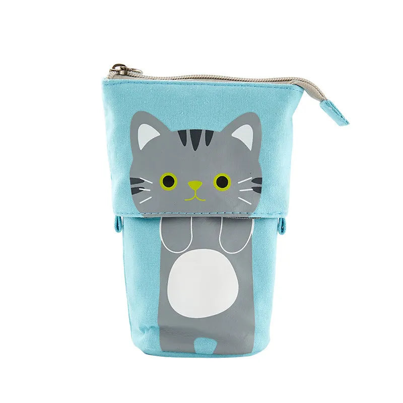 Korean-style round canvas pencil bag with cartoon pattern and zippered closure