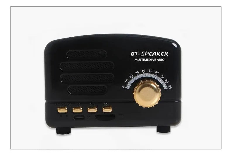 Compact vintage-style Bluetooth speaker in wood grain finish showing front grille and compact dimensions.
