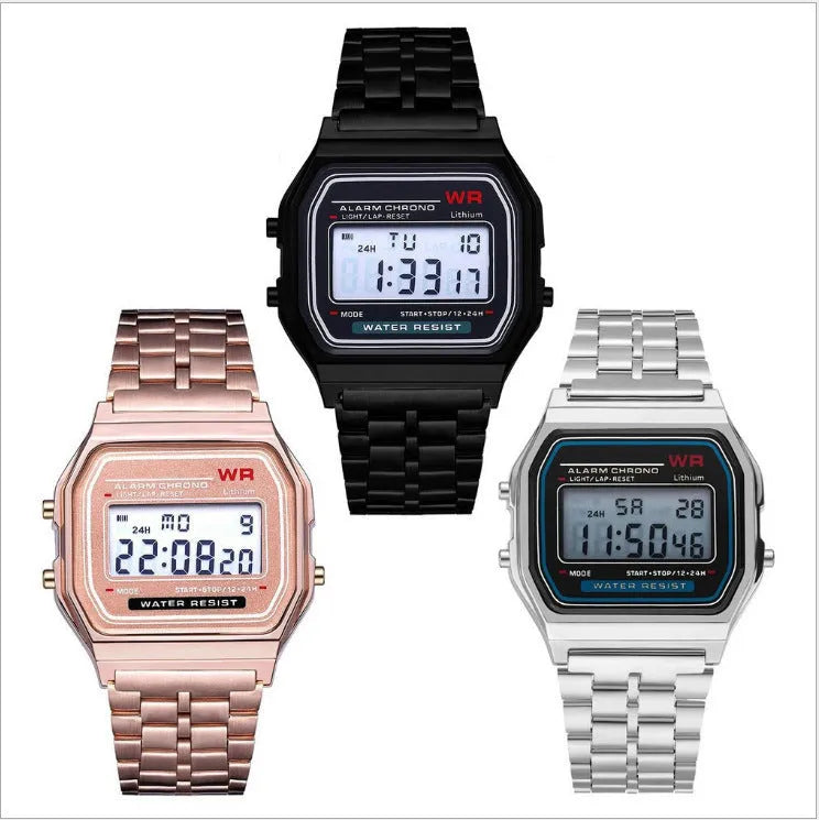 WR F91W electronic watch with stainless steel strap, number display, square dial, black colour