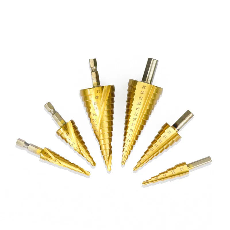 High speed steel cone drill bit and centre punch set with multiple step drill sizes for metalworking