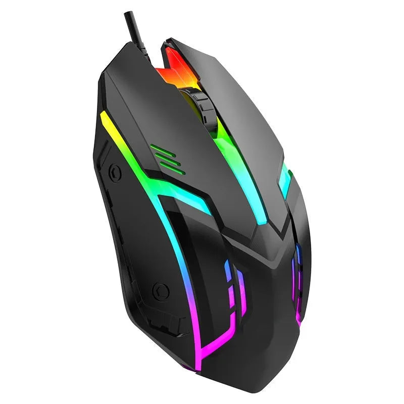 E-sports weighted wired USB gaming mouse in black on a desk