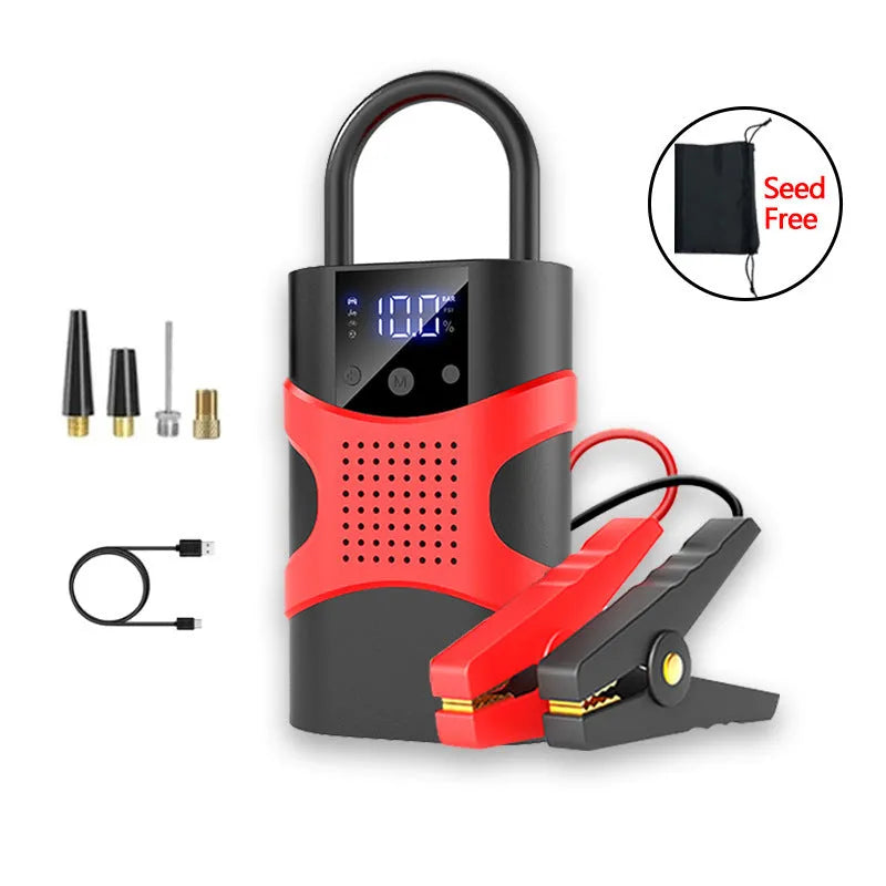 Portable car emergency jump starter with digital display air pump on a dark background
