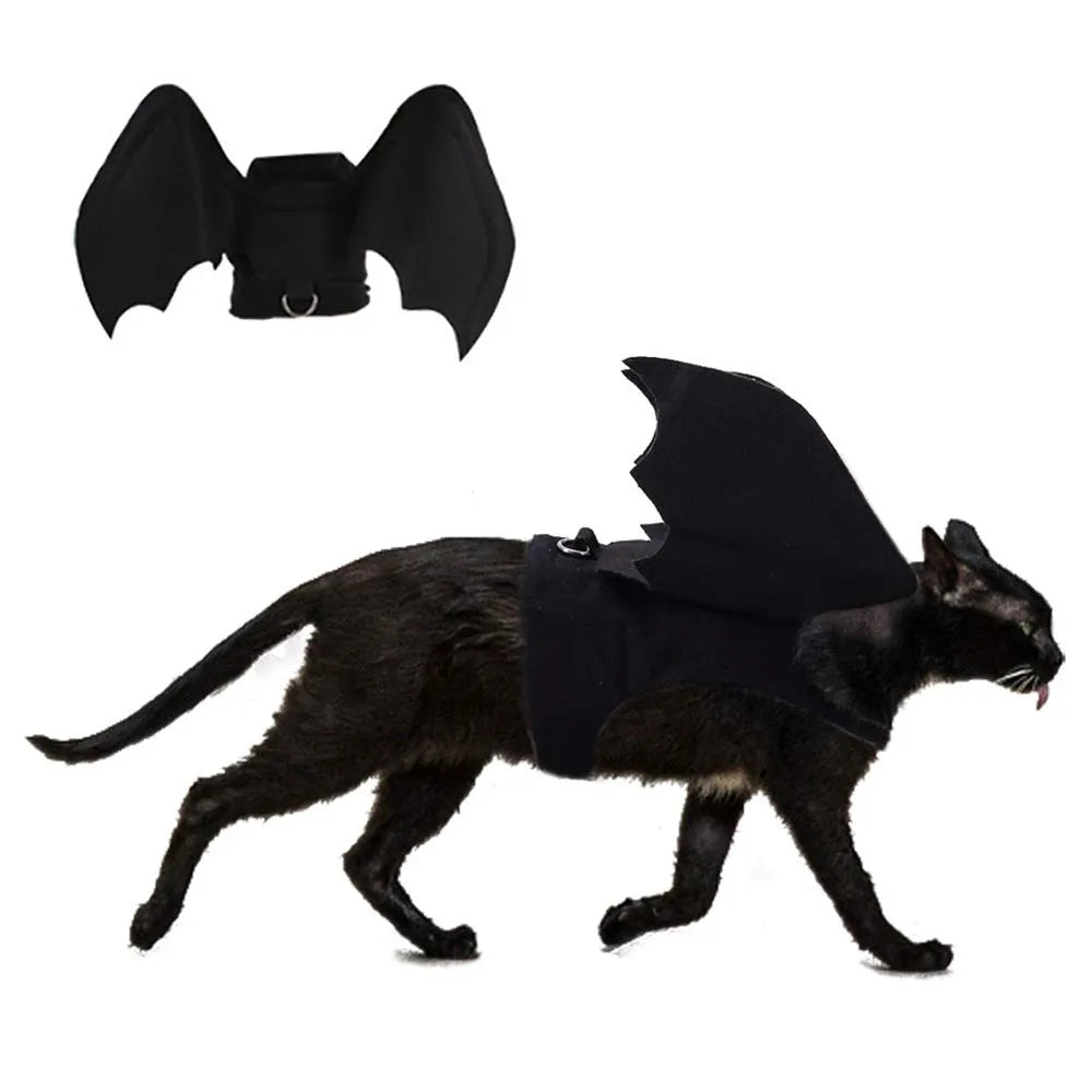 Black cloth bat wings costume for dog with 3D foldable wings and bell