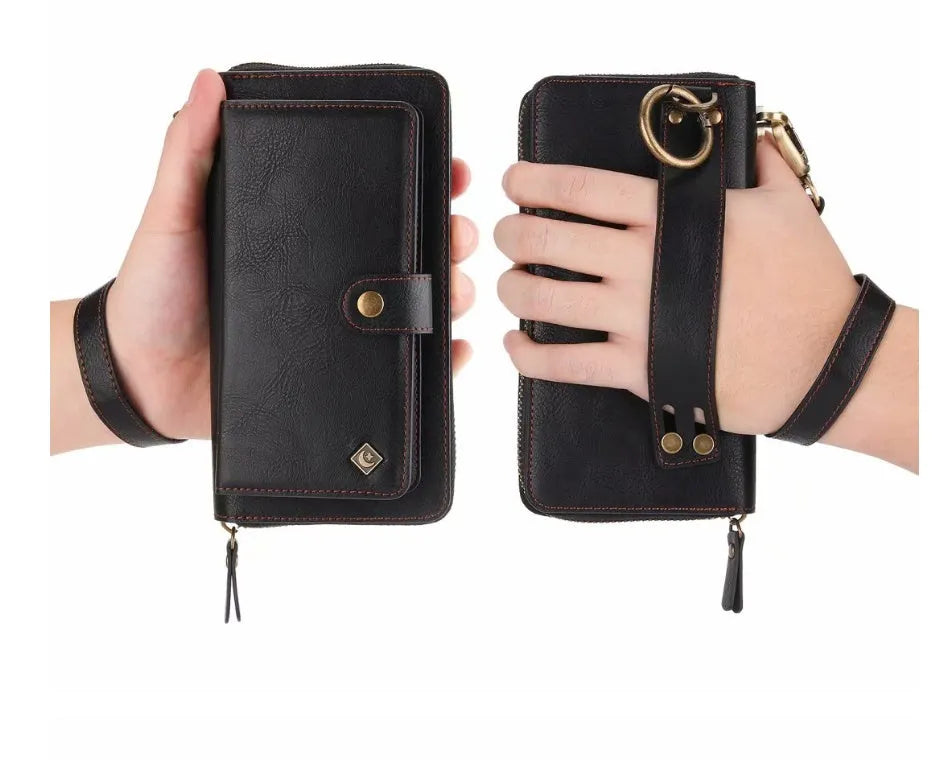 Black imitation leather multi-function wallet phone case for Samsung Galaxy Note8 with zipper closure.