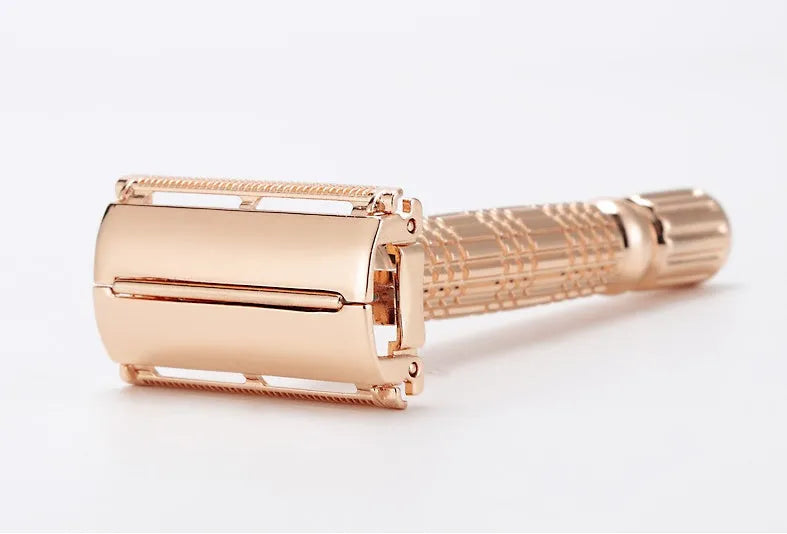 Rose gold chrome plated alloy double edge safety razor with butterfly mechanism in storage box with mirror