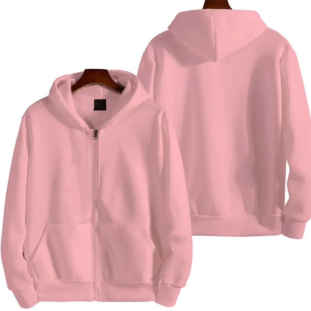 A man's loose fit solid colour zip-up sports jacket in a cardigan style.