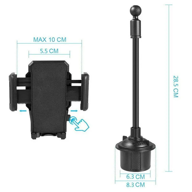 Black universal adjustable car phone mount bracket shown with suction cup and vent clip attachment options.