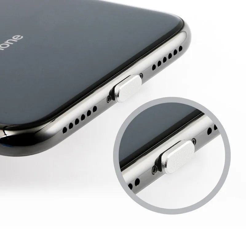 Aluminium alloy charging port dust plug for iPhone in various colours including gold, black, and rose gold.