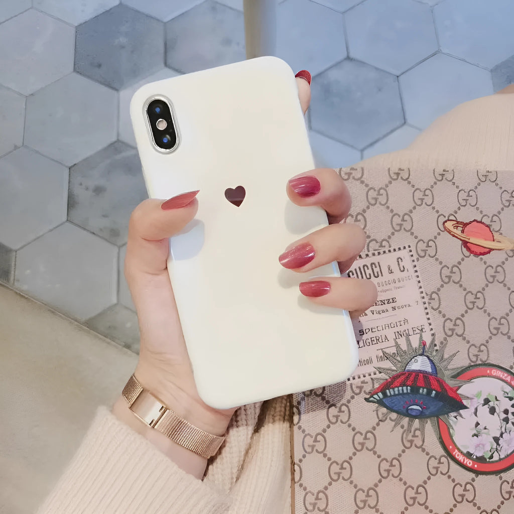 Clear transparent iPhone case with love heart design and blue light effect for iPhone models