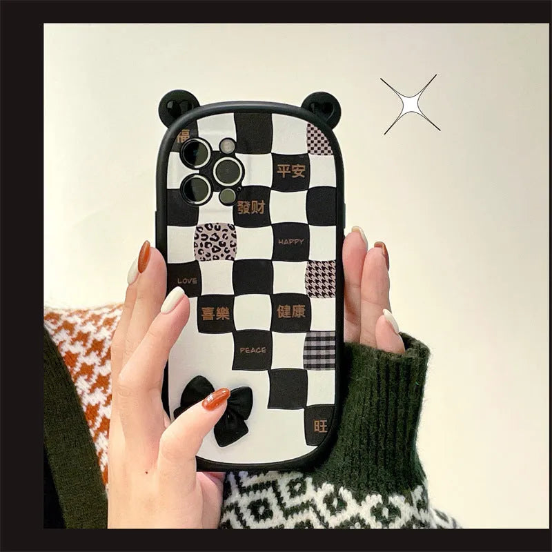 Black and white lattice bow silicone phone case for iPhone, protective shell style