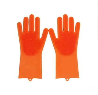 Blue silicone cleaning gloves with a textured sponge palm design for scrubbing.
