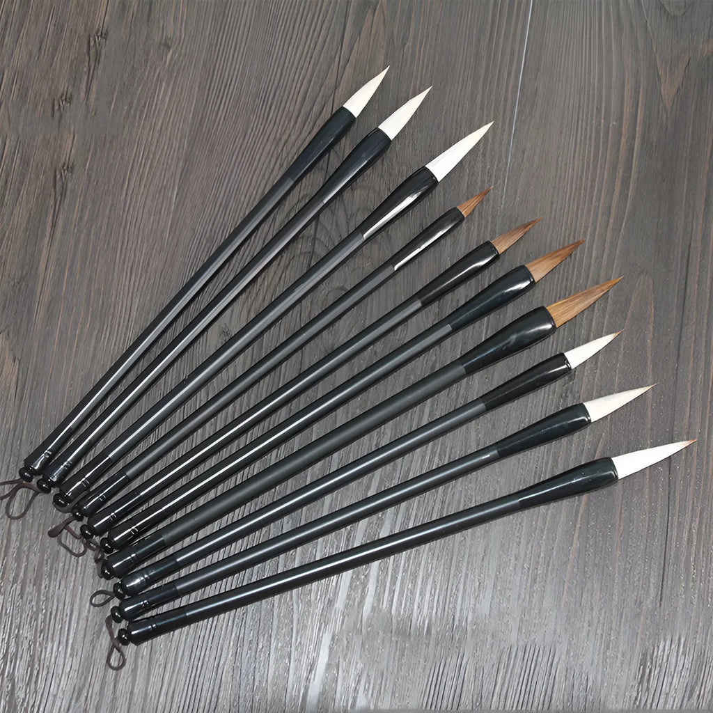 Student writing brush with steel barrel and traditional brush head, 23cm long
