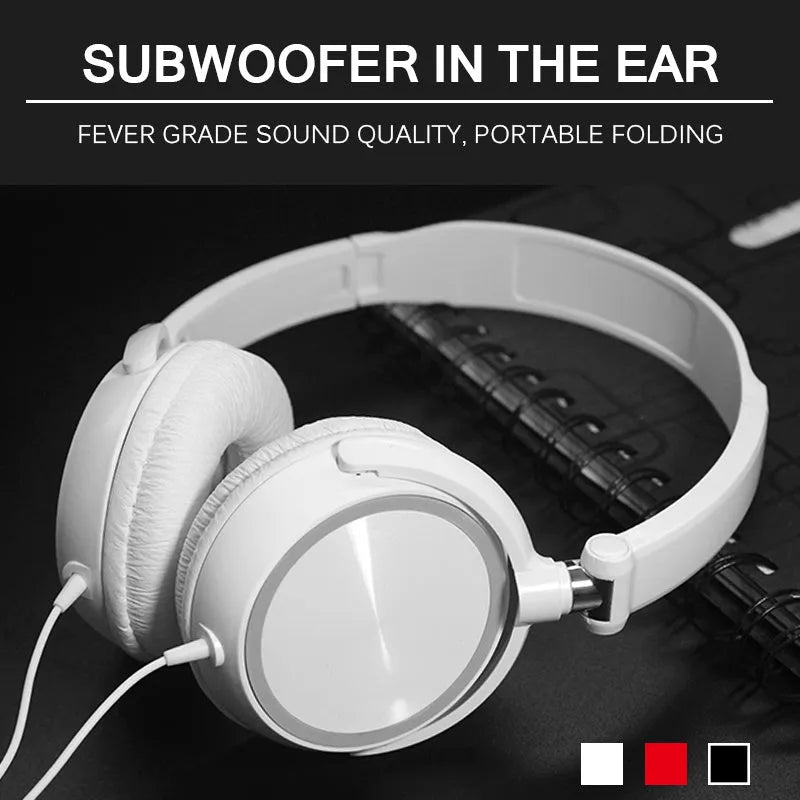 Black folding wired over-ear headphones with adjustable headband and 3.5mm plug.