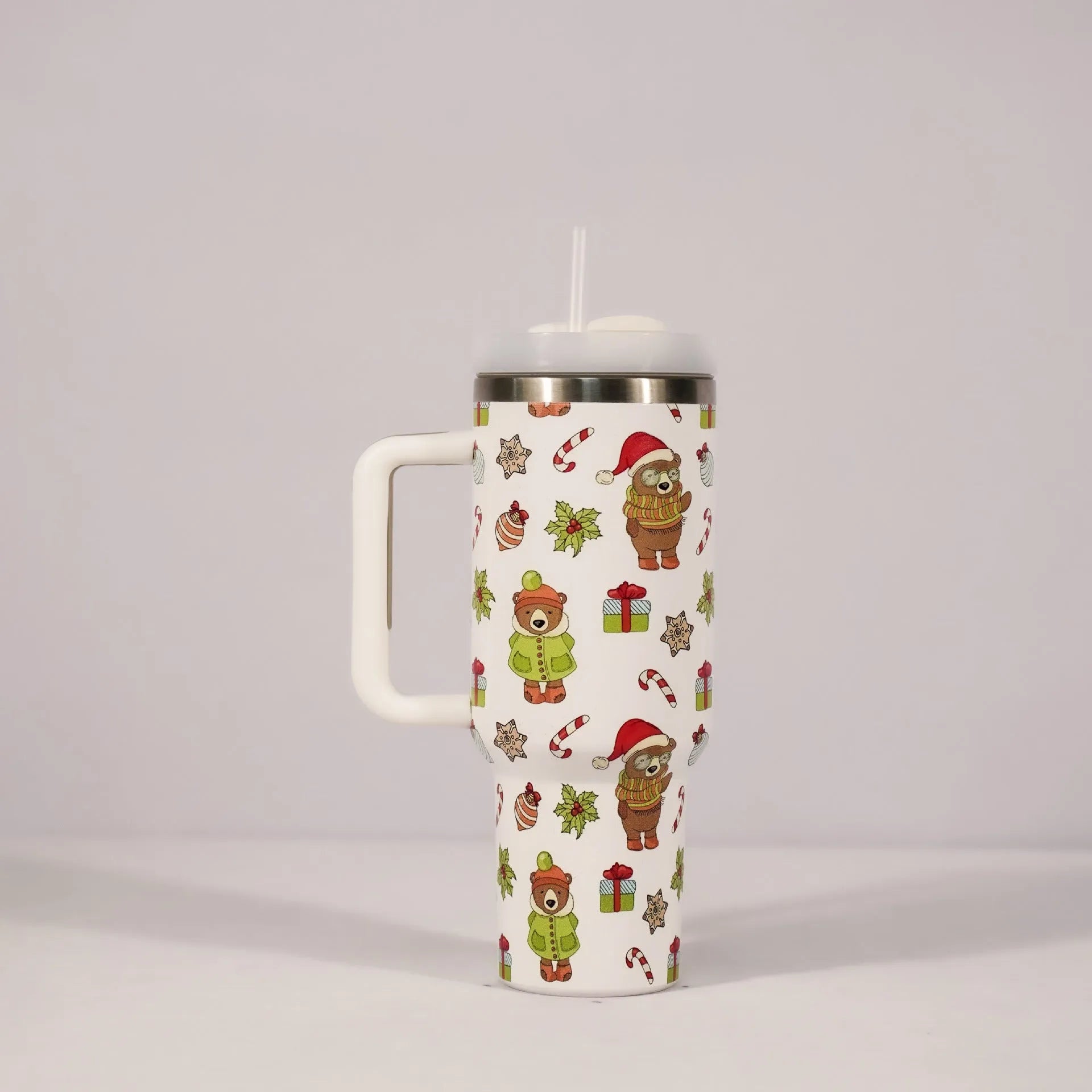 Christmas pattern stainless steel vacuum tumbler with handle, lid and straw - 1200ml capacity travel cup