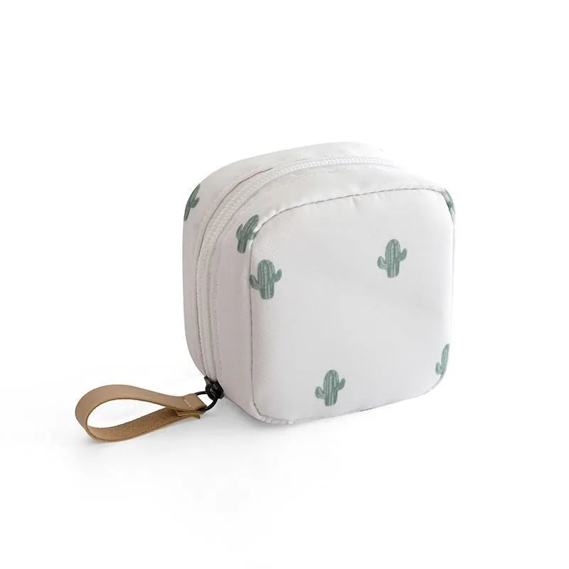 Cloth cube-shaped makeup storage bag with a plain pattern, shown in blue, pink, white, and white pink colour options