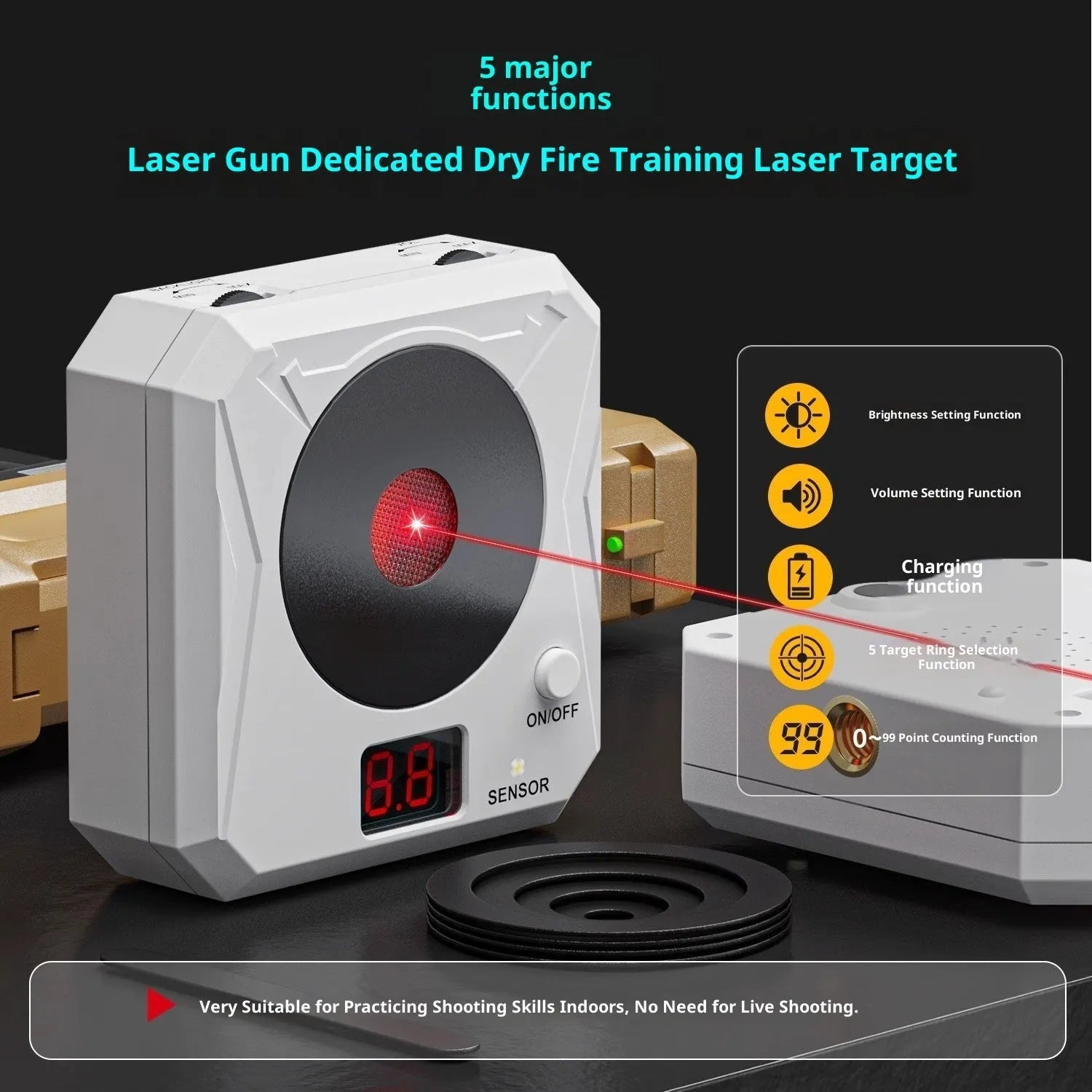 Laser target dry fire training system with infrared counting electronic target on magnetic plate with replaceable rings